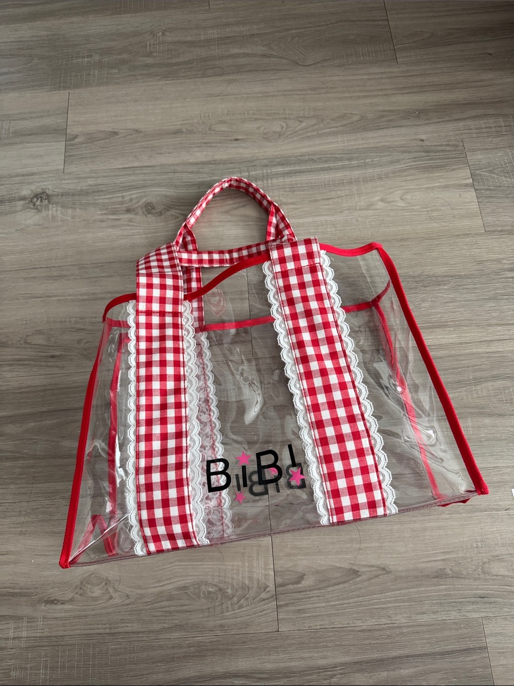 BiBi Clear Tote with Red Gingham Trim and Lace